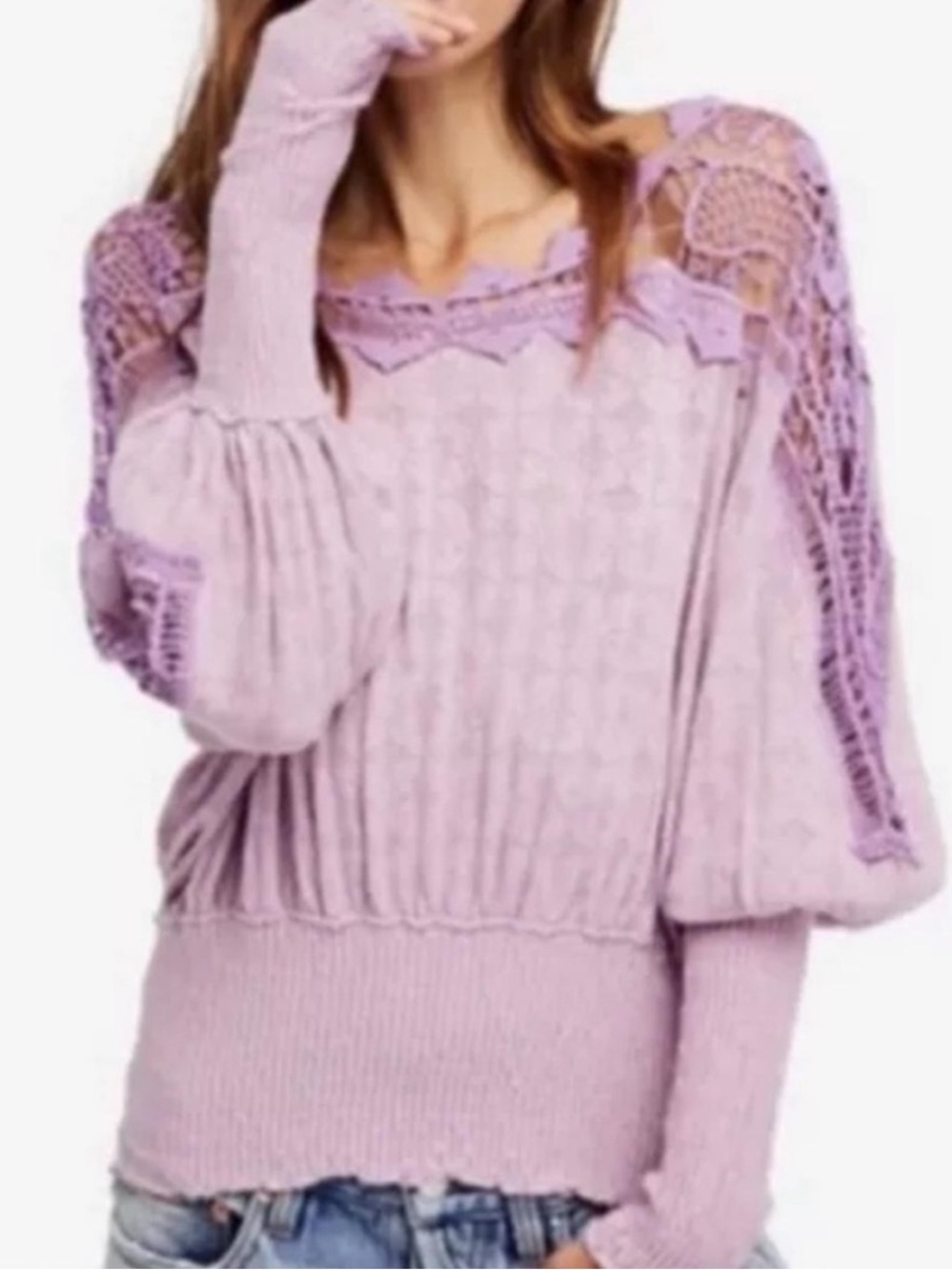 Free People Lavender Love Lace Sweater Crochet Smocked Boho XS Purple